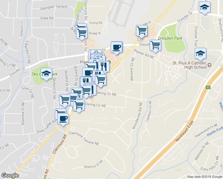 map of restaurants, bars, coffee shops, grocery stores, and more near 2448 Dresden Parc Circle in Atlanta