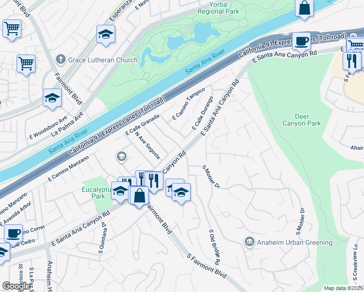map of restaurants, bars, coffee shops, grocery stores, and more near 7500 East Calle Durango in Anaheim