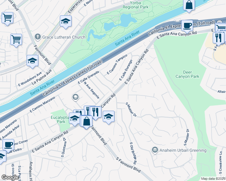 map of restaurants, bars, coffee shops, grocery stores, and more near 7500 East Calle Durango in Anaheim