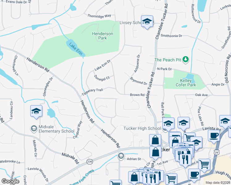 map of restaurants, bars, coffee shops, grocery stores, and more near 4083 Brown Road in Tucker