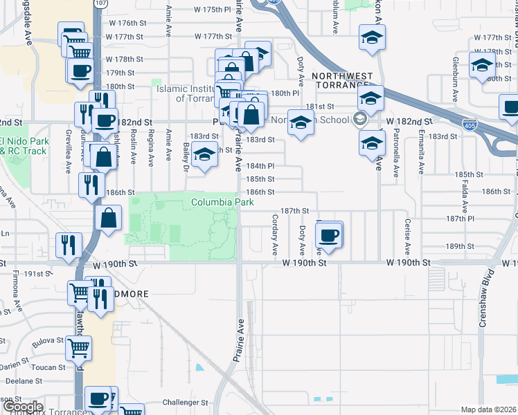 map of restaurants, bars, coffee shops, grocery stores, and more near 3941 187th Street in Torrance