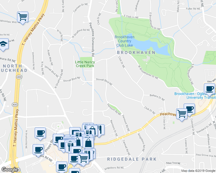 map of restaurants, bars, coffee shops, grocery stores, and more near 975 Stovall Boulevard Northeast in Atlanta