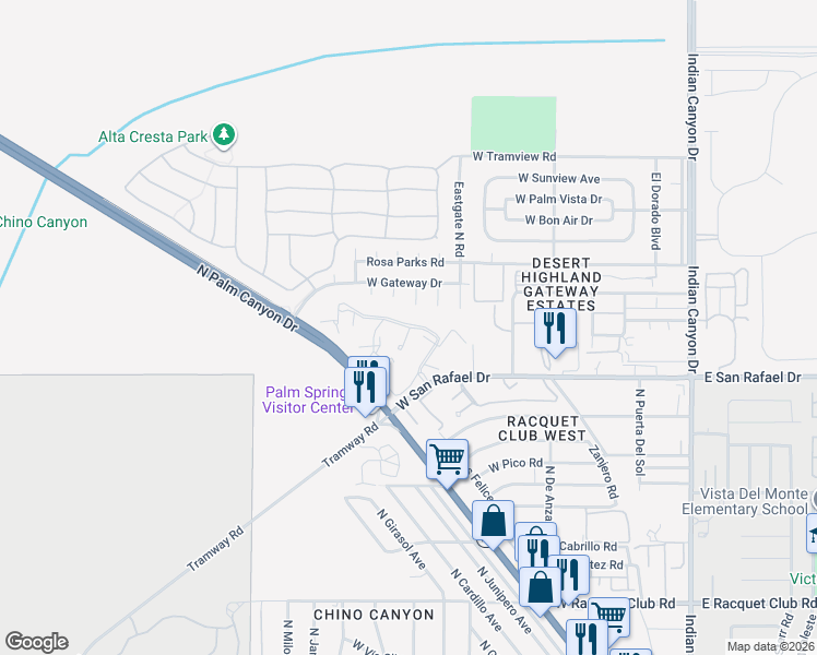 map of restaurants, bars, coffee shops, grocery stores, and more near 751 Los Felices Circle North in Palm Springs