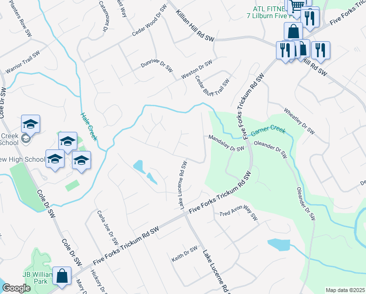 map of restaurants, bars, coffee shops, grocery stores, and more near 4530 Timber Path Court Southwest in Lilburn