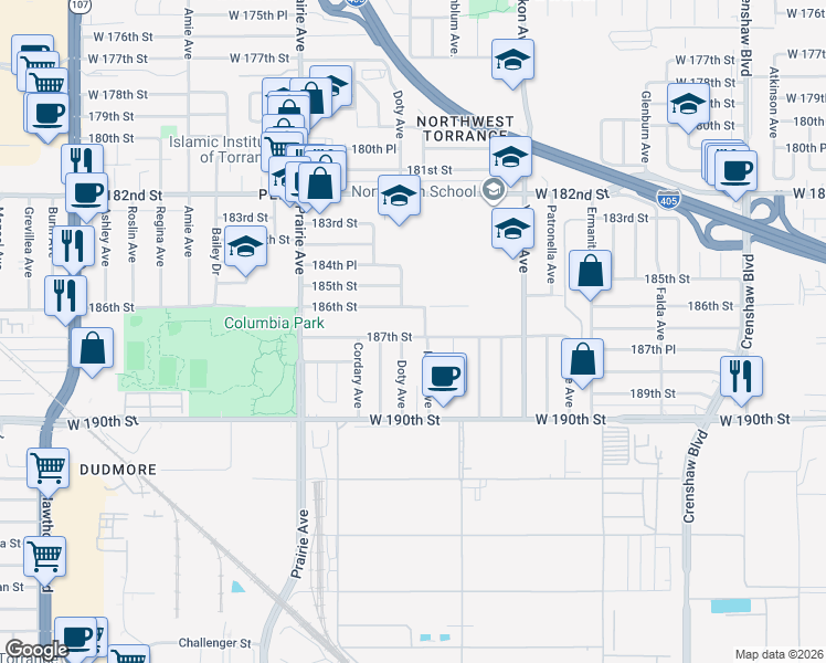 map of restaurants, bars, coffee shops, grocery stores, and more near 3811 187th Street in Torrance