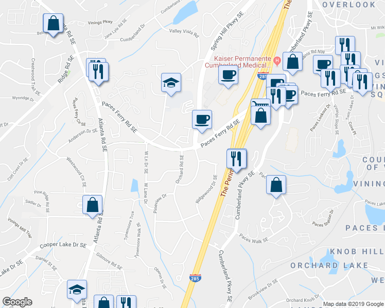 map of restaurants, bars, coffee shops, grocery stores, and more near 2389 Paces Ferry Road Southeast in Smyrna