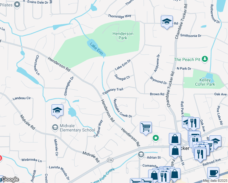 map of restaurants, bars, coffee shops, grocery stores, and more near 3963 Tipperary Trail in Tucker