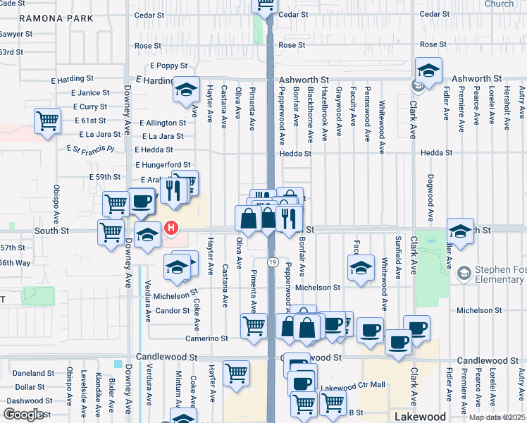map of restaurants, bars, coffee shops, grocery stores, and more near 5829 Lakewood Boulevard in Lakewood