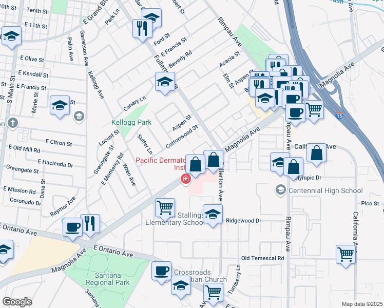 map of restaurants, bars, coffee shops, grocery stores, and more near 1640 Plum Street in Corona