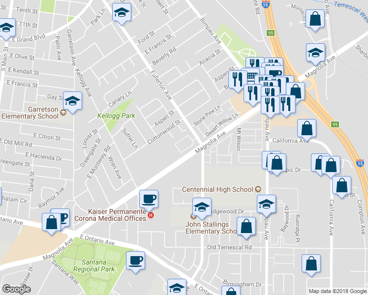 map of restaurants, bars, coffee shops, grocery stores, and more near 855 Tangerine Street in Corona