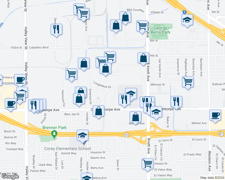 map of restaurants, bars, coffee shops, grocery stores, and more near 6753 Whitman Drive in Buena Park