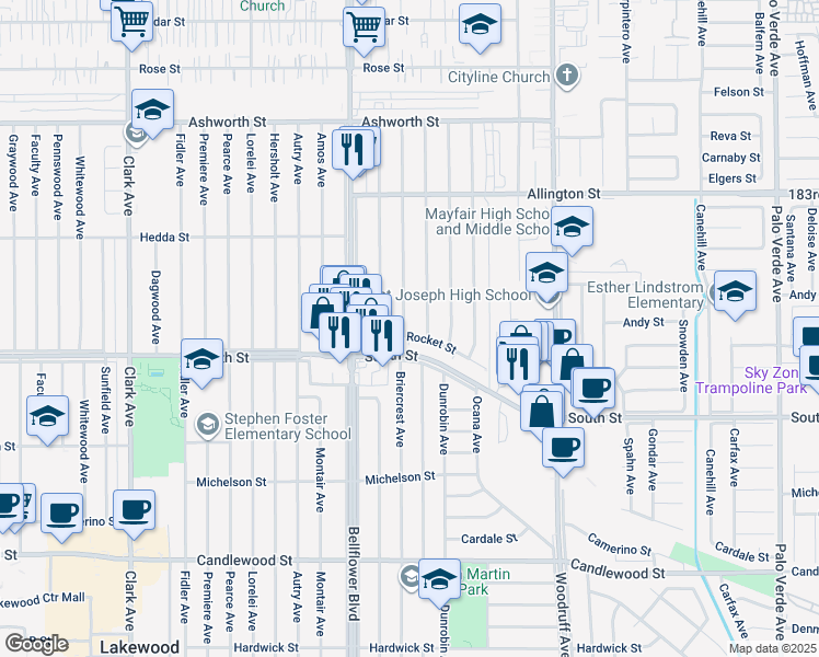 map of restaurants, bars, coffee shops, grocery stores, and more near 5822 Adenmoor Avenue in Lakewood