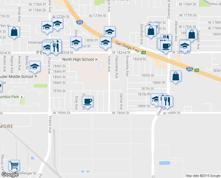 map of restaurants, bars, coffee shops, grocery stores, and more near 18626 Yukon Avenue in Torrance