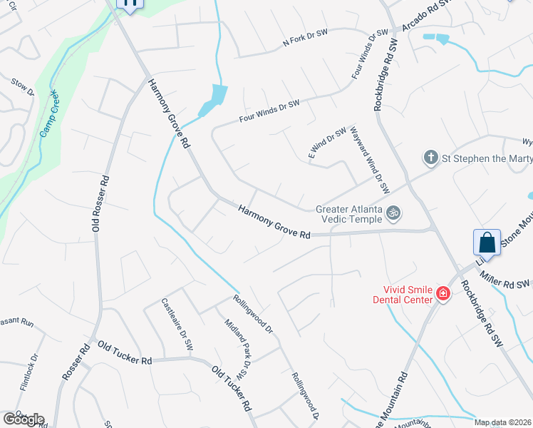 map of restaurants, bars, coffee shops, grocery stores, and more near 366 Harmony Grove Road in Lilburn
