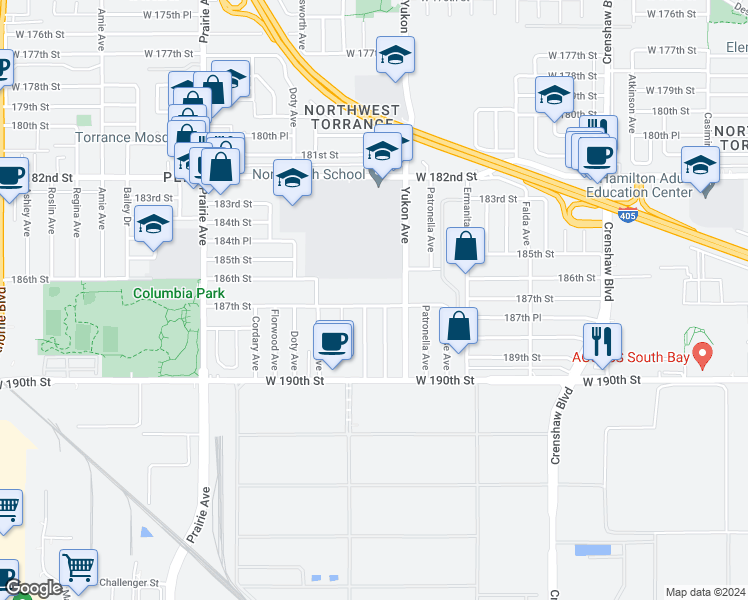 map of restaurants, bars, coffee shops, grocery stores, and more near 3631 187th Street in Torrance