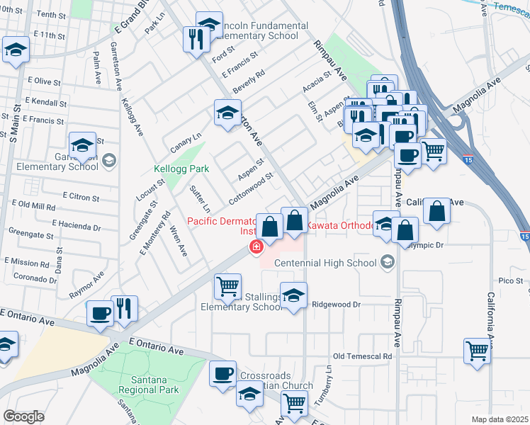 map of restaurants, bars, coffee shops, grocery stores, and more near 1640 Plum Street in Corona