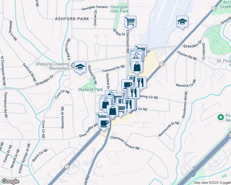 map of restaurants, bars, coffee shops, grocery stores, and more near 1899 Raven Hill Drive Northeast in Atlanta