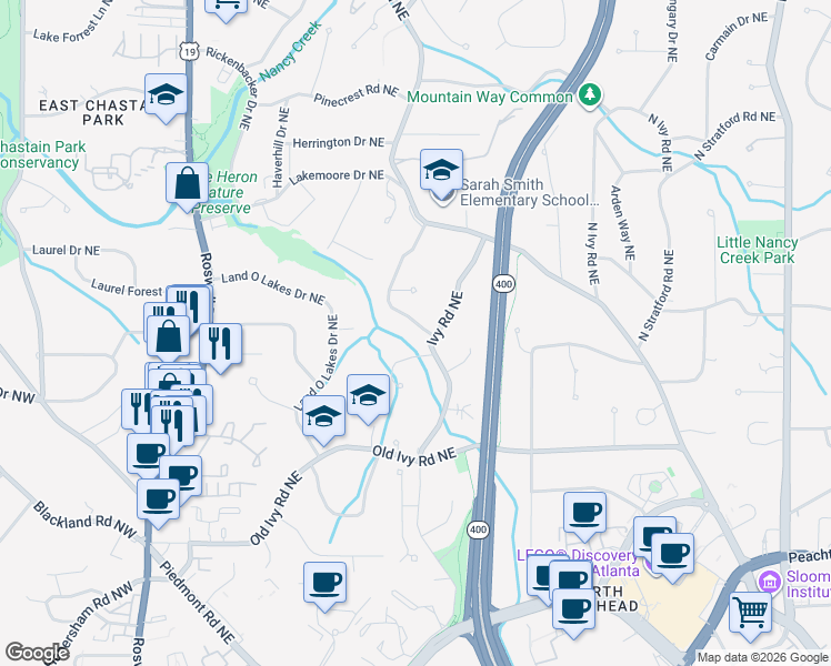 map of restaurants, bars, coffee shops, grocery stores, and more near 3878 Whittington Drive Northeast in Atlanta