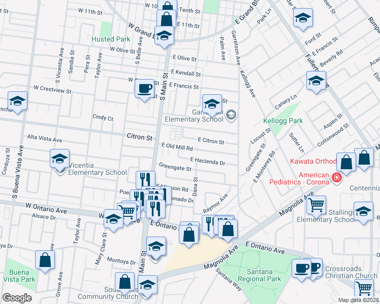 map of restaurants, bars, coffee shops, grocery stores, and more near 306 East Old Mill Road in Corona
