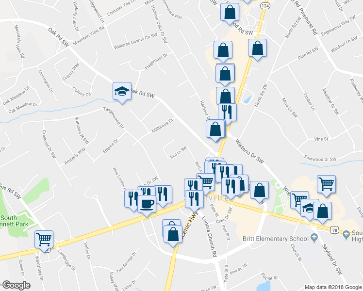 map of restaurants, bars, coffee shops, grocery stores, and more near 2153 Bird Lane Southwest in Snellville