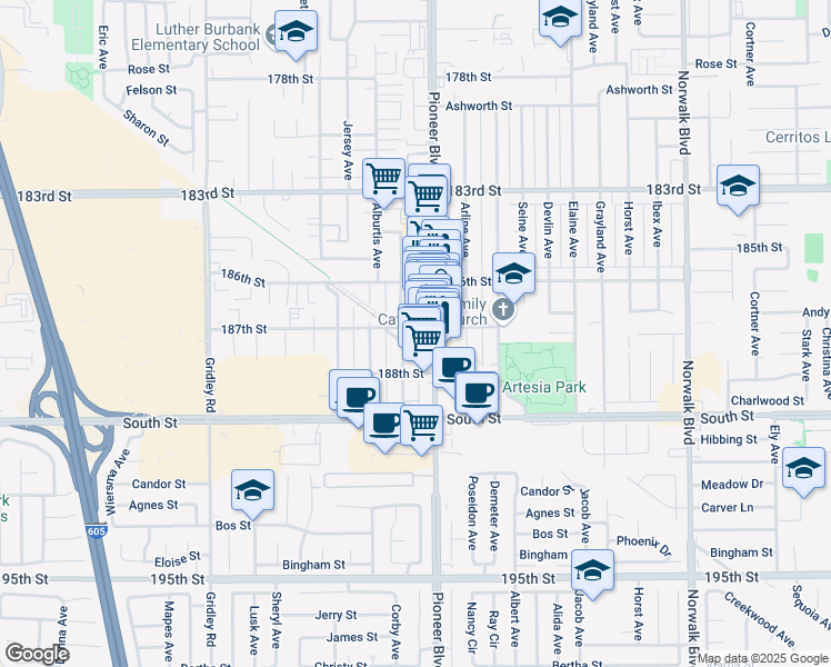 map of restaurants, bars, coffee shops, grocery stores, and more near 11748 187th Street in Artesia