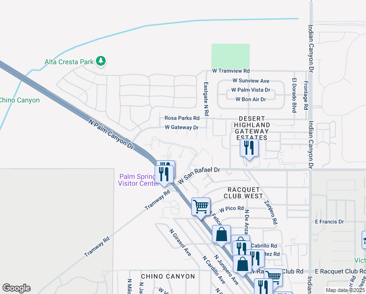 map of restaurants, bars, coffee shops, grocery stores, and more near 751 Los Felices Circle East in Palm Springs