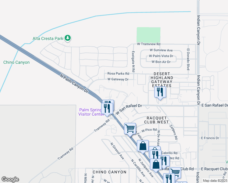 map of restaurants, bars, coffee shops, grocery stores, and more near 675 Los Felices Circle West in Palm Springs