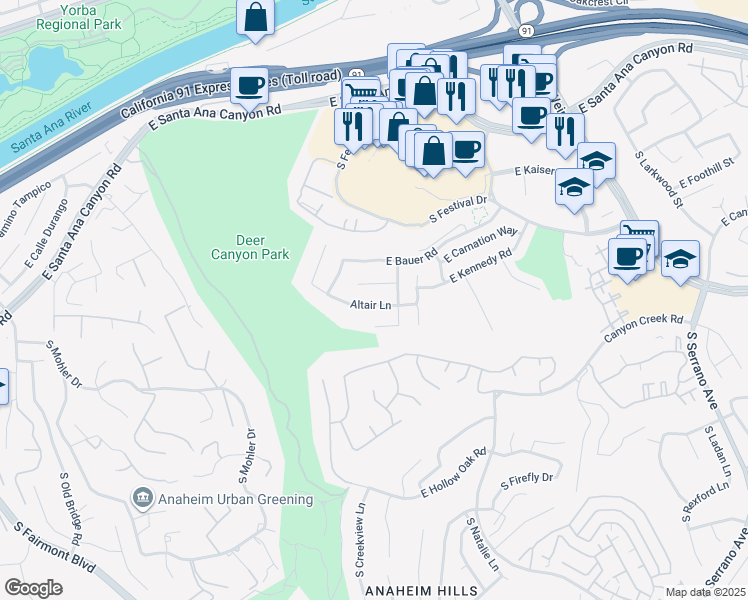 map of restaurants, bars, coffee shops, grocery stores, and more near 7964 Altair Lane in Anaheim