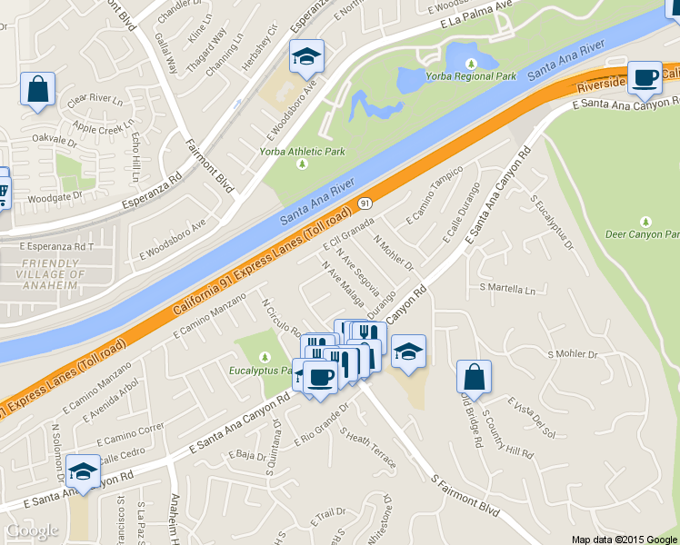 map of restaurants, bars, coffee shops, grocery stores, and more near 211 North Avenue Malaga in Anaheim