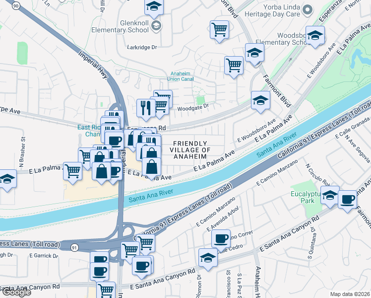 map of restaurants, bars, coffee shops, grocery stores, and more near 5815 East La Palma Avenue in Anaheim