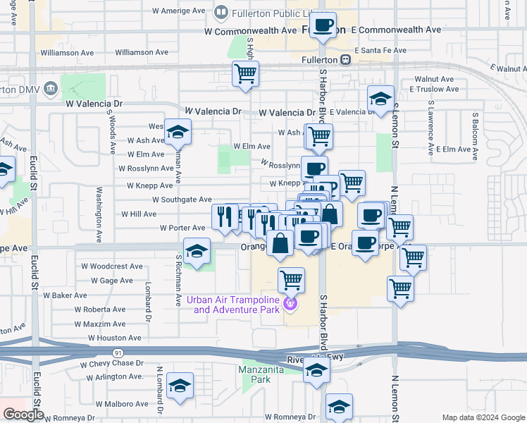 map of restaurants, bars, coffee shops, grocery stores, and more near 52 West Hill Avenue in Fullerton