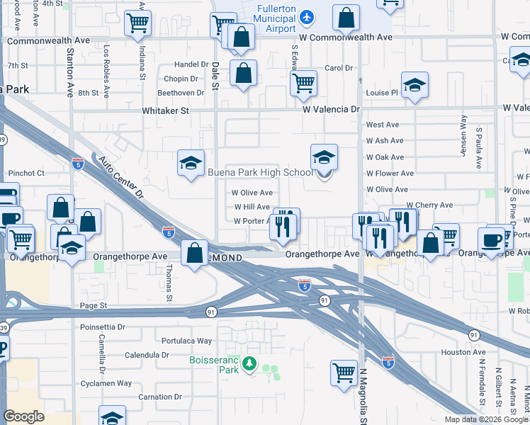 map of restaurants, bars, coffee shops, grocery stores, and more near 4231 West Porter Avenue in Fullerton