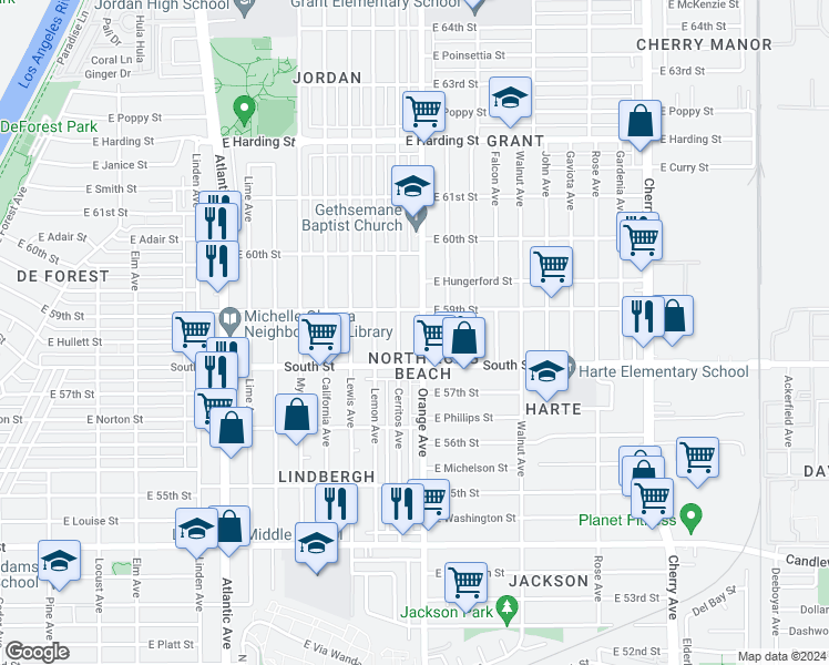 map of restaurants, bars, coffee shops, grocery stores, and more near 5847 Orange Avenue in Long Beach