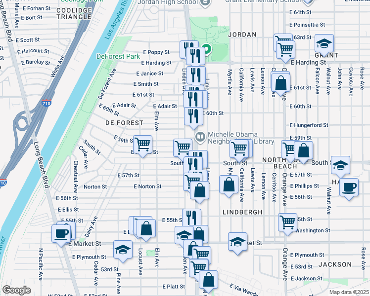 map of restaurants, bars, coffee shops, grocery stores, and more near in Long Beach