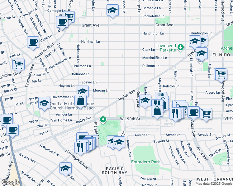 map of restaurants, bars, coffee shops, grocery stores, and more near 2019 Havemeyer Lane in Redondo Beach