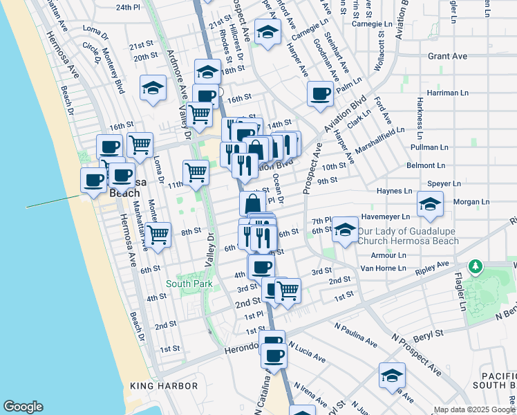 map of restaurants, bars, coffee shops, grocery stores, and more near 912 8th Street in Hermosa Beach