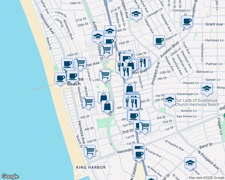 map of restaurants, bars, coffee shops, grocery stores, and more near 619 8th Place in Hermosa Beach
