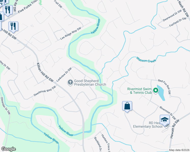 map of restaurants, bars, coffee shops, grocery stores, and more near 1406 Larkview Drive Southwest in Lilburn