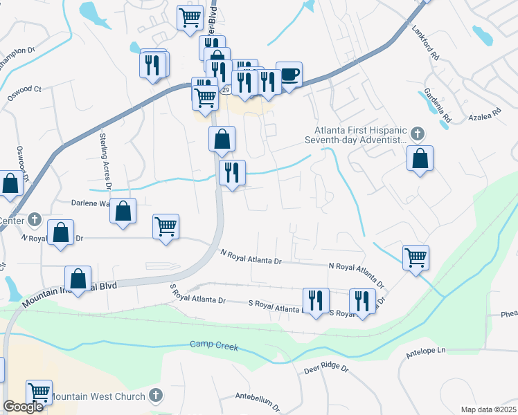 map of restaurants, bars, coffee shops, grocery stores, and more near 2567 Presidents Walk in Tucker
