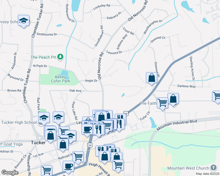 map of restaurants, bars, coffee shops, grocery stores, and more near 2561 Old Norcross Road in Tucker