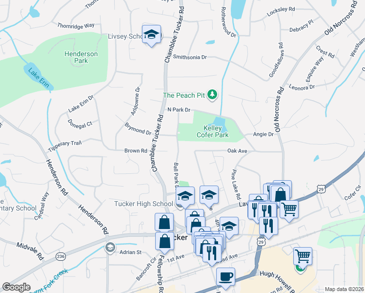 map of restaurants, bars, coffee shops, grocery stores, and more near 2560 Oak Avenue in Tucker