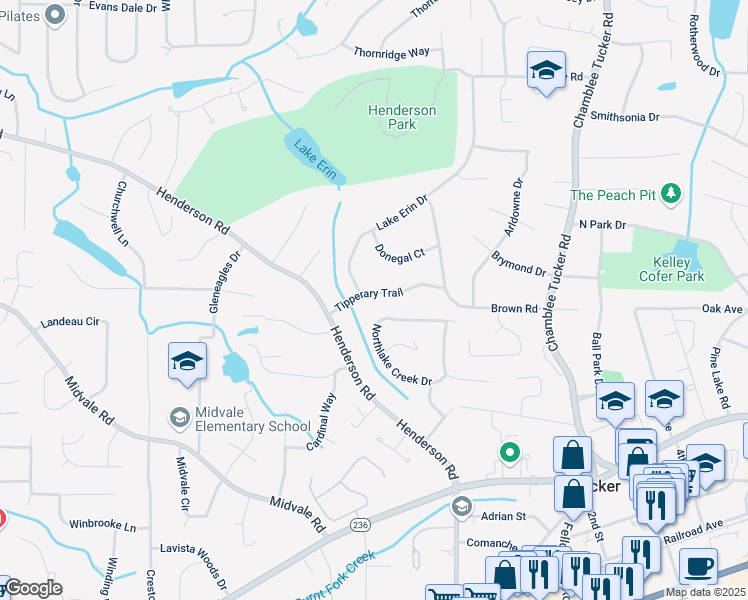 map of restaurants, bars, coffee shops, grocery stores, and more near 3963 Tipperary Trail in Tucker