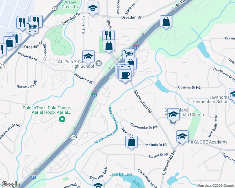 map of restaurants, bars, coffee shops, grocery stores, and more near 2570 Shallowford Road in Atlanta