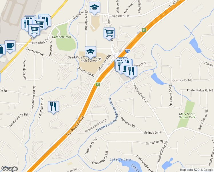 map of restaurants, bars, coffee shops, grocery stores, and more near 2825 Northeast Expressway in Atlanta