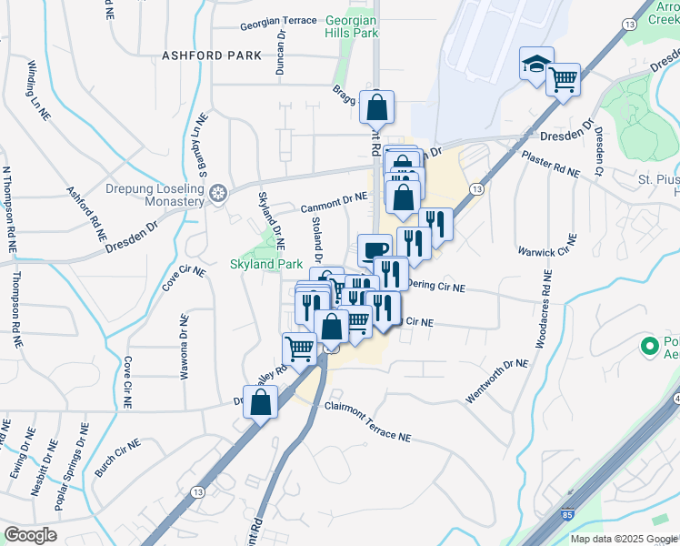 map of restaurants, bars, coffee shops, grocery stores, and more near 1899 Raven Hill Drive Northeast in Atlanta