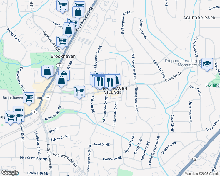 map of restaurants, bars, coffee shops, grocery stores, and more near 1438 Dresden Drive in Atlanta