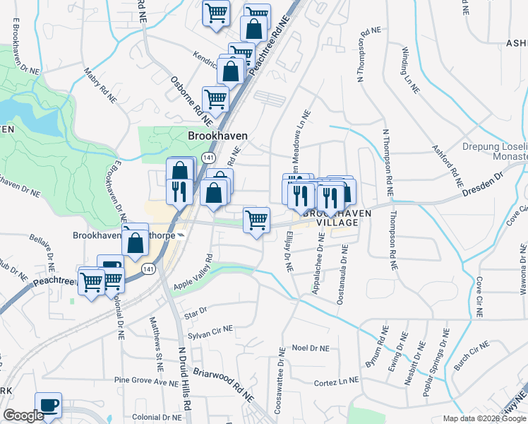 map of restaurants, bars, coffee shops, grocery stores, and more near 2610 Oglethorpe Circle Northeast in Atlanta