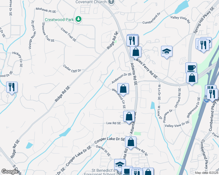 map of restaurants, bars, coffee shops, grocery stores, and more near 1991 Westwood Circle Southeast in Smyrna
