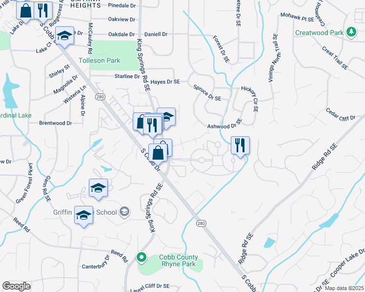 map of restaurants, bars, coffee shops, grocery stores, and more near 1295 South Lea Court Southeast in Smyrna