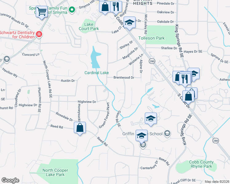 map of restaurants, bars, coffee shops, grocery stores, and more near 910 Highview Drive in Smyrna